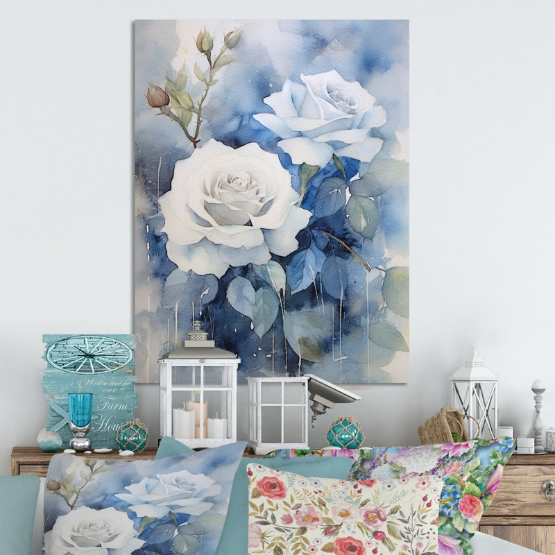Crème rose bleue crème - décoration murale florale en métal, H 20 po x l 12 po x P 1 po