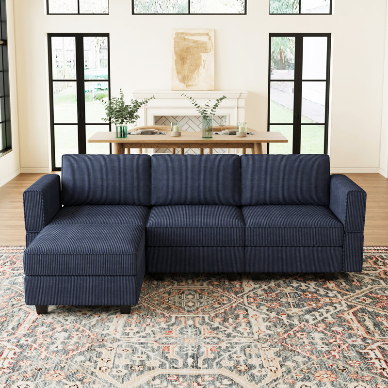 Corduroy 3-Seat Couch Modular Small Sofa, Comfy Upholstered Sofa For Living Room, Apartment, Office, Blue Corduroy