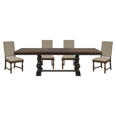 Traditional Dining Set Table With Extension Leaf And 4 Side Chairs Beige Fabric Upholstered Nailhead Trim Brown Classic Dining Room Furniture -  Canora Grey, 5905244F1988461D86001BCD4BA2E335