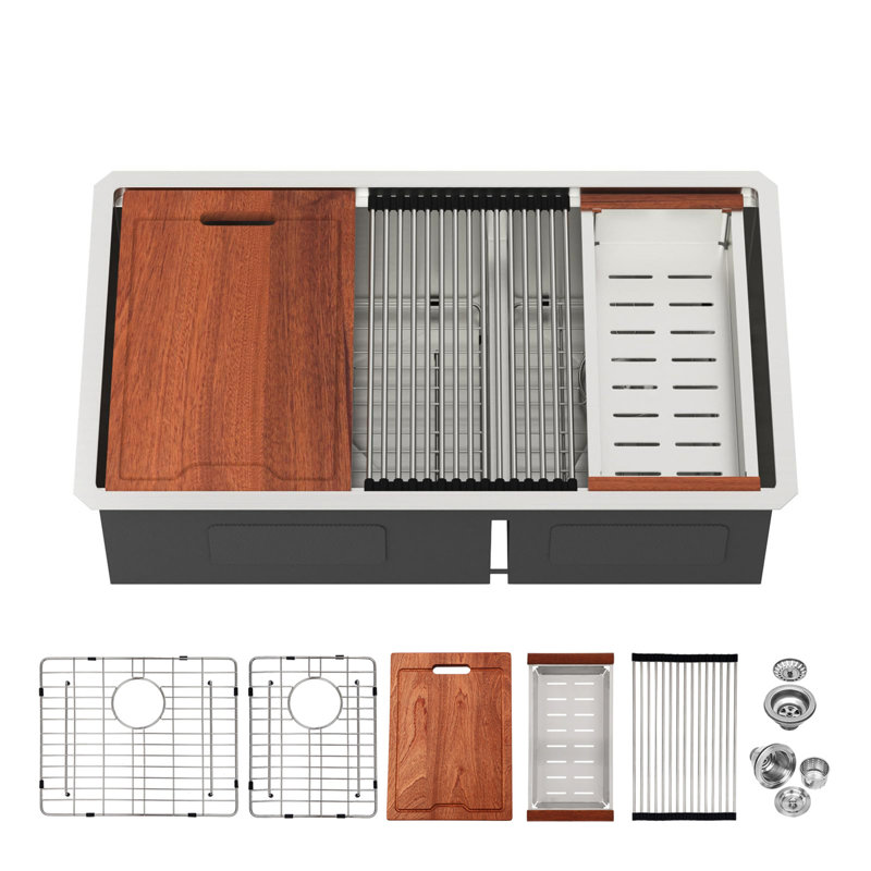 Double cuve, évier de cuisine encastrable, calibre 16, acier inoxydable T304, tablier avant, guide d'eau en forme de X, revêtement, patin, diviseur inférieur intelligent, cuve de poste de travail 60/40 32 po x 19 po x 10 po