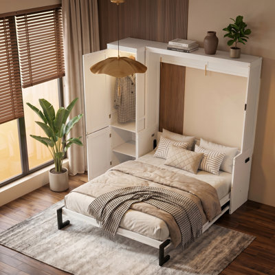 Queen Size Wood Murphy Bed With Wardrobe, Space-Saving Hidden Wall Bed With Desk, Gas Struts And Charging Station, Multi-Functional Wall Bed Cabinet For Bedroom