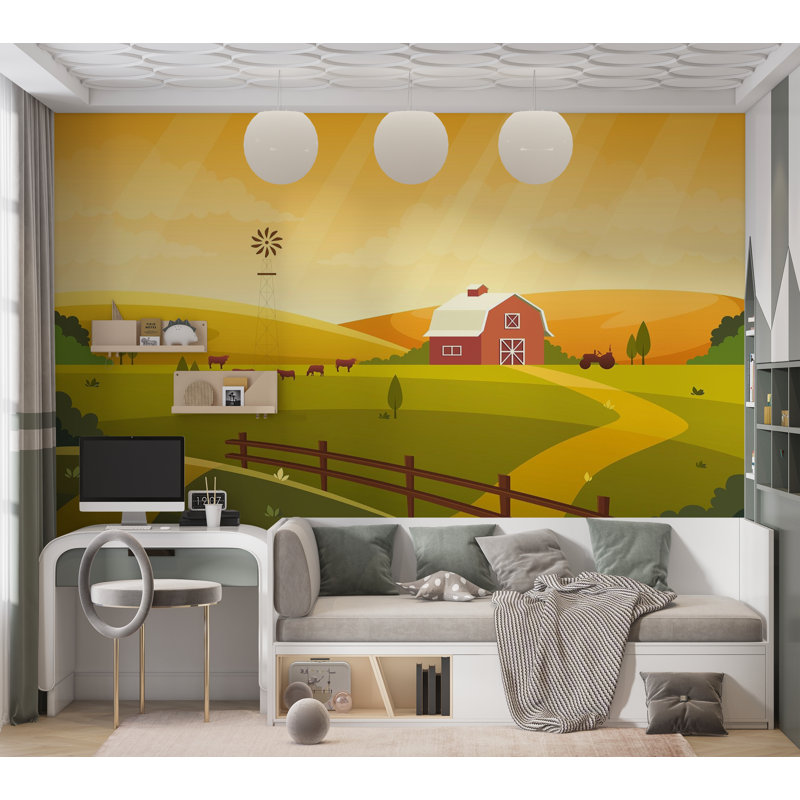 Papier peint de qualité supérieure - Coucher de soleil sur une ferme idyllique, L 144 po x l 210 po
