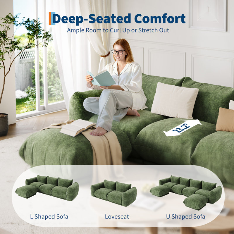 Causeuse désossée en nuage pour petits espaces, causeuse modulaire en chenille 2 places avec éponge à haute résilience pour appartement ou bureau, vert