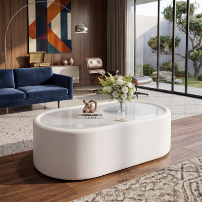 Table basse 33,46 po ovale, avec rangement dissimulé, plateau en verre trempé avec revêtement en cuir de haute qualité, table basse avec rangement, style Mid-Century moderne, blanc