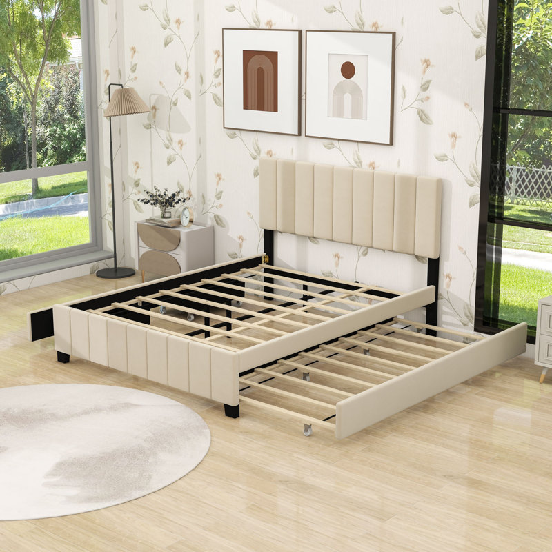Grand lit plateforme tapissier en velours avec 2 tiroirs et lit gigogne simple TG, Beige