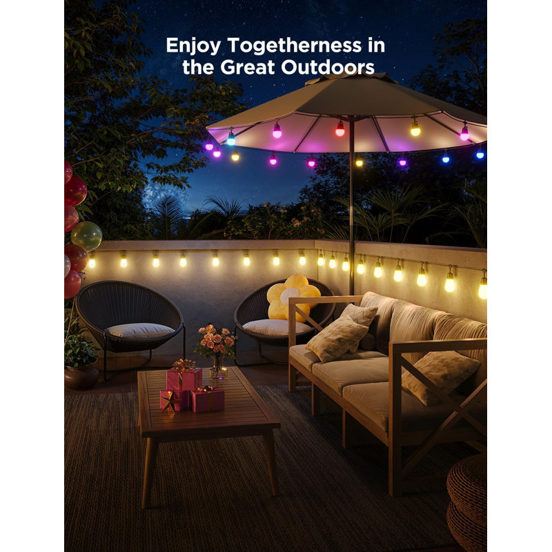 Outdoor String Lights, 48ft Smart Outdoor String Lights with 15 Dimmable Warm White LED Bulbs