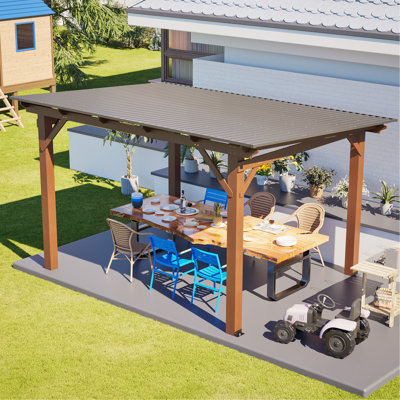 Abri de jardin en bois de 13 x 10 pi avec toit en métal, structure de patio extérieure spacieuse pour la cour et le jardin
