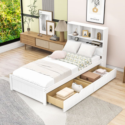 Wood Two Drawers Platform Bed with Bookcase Headboard, Built-In Night Light and Charging Station