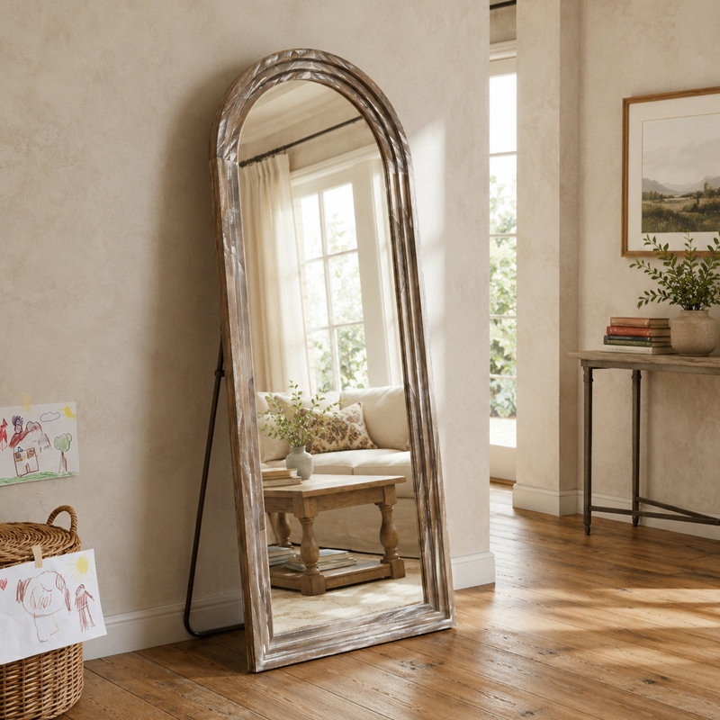 Arched Solid Wood Full Length Mirror, Antique White Wash