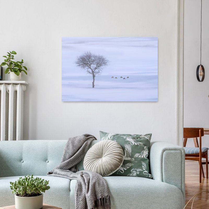 " Winter Deer And Bare Tree Ethereal Minimalist Peaceful Deer Horse Landscape Nature Wall Art Print " Print, 24" H x 36" W