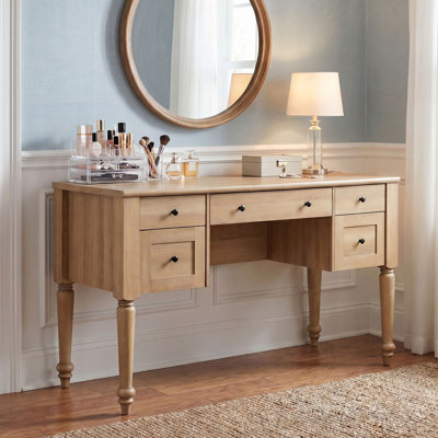 Meuble-lavabo en chêne avec 5 tiroirs, station de charge, armoire arrière et tablette ouverte, sans miroir, 56 po