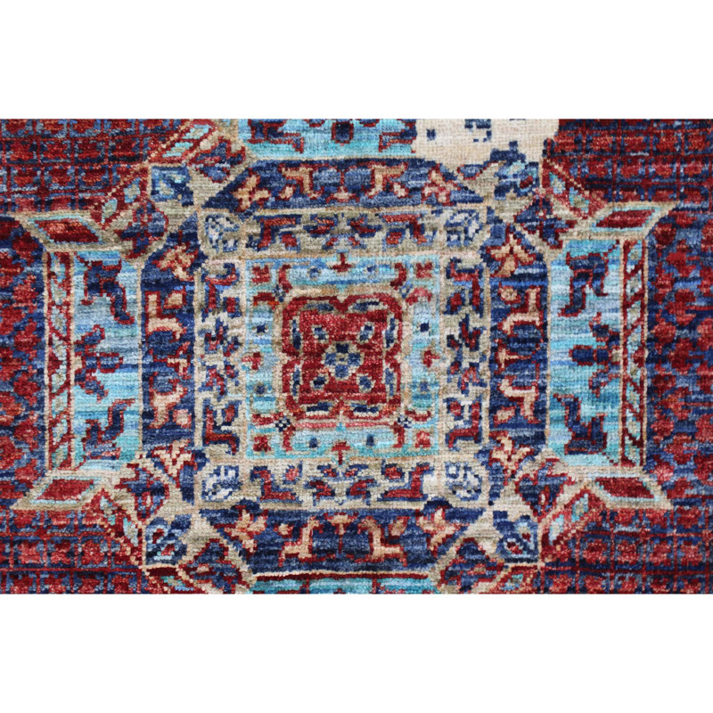 Tapis unique rouge, bleu marine et beige de 7 pi 11 po x 9 pi 10 po