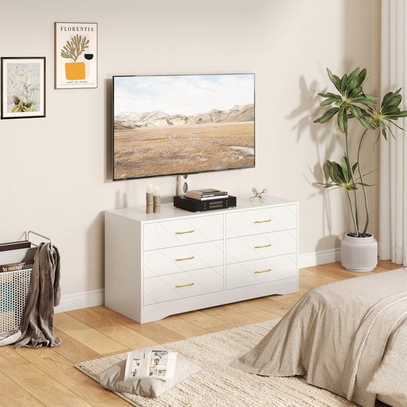 6-Drawer TV Stand with Mount, Adjustable Height for 32-80" TVs, Media Console for Living Room Bedroom, White