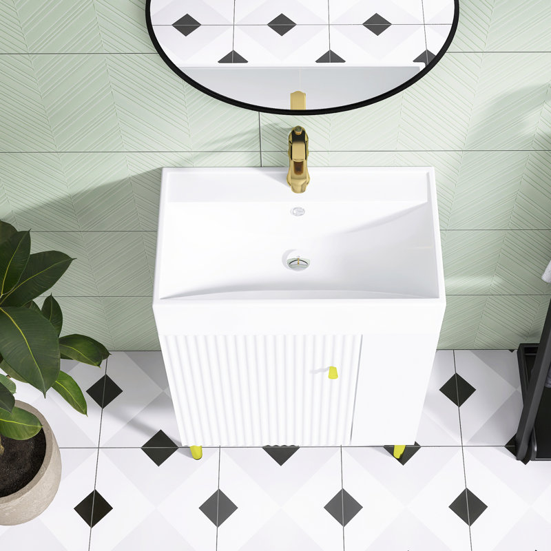 21,6 pouces Meuble-lavabo blanc avec lavabo simple en céramique | Portes à fermeture en douceur | Rangement à droite | Armoire de rangement pour salle de bain