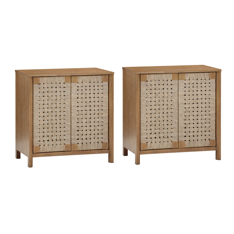 Valero Rustic Wood TV Stand Cabinet With Seagrass Door Panels, Natural