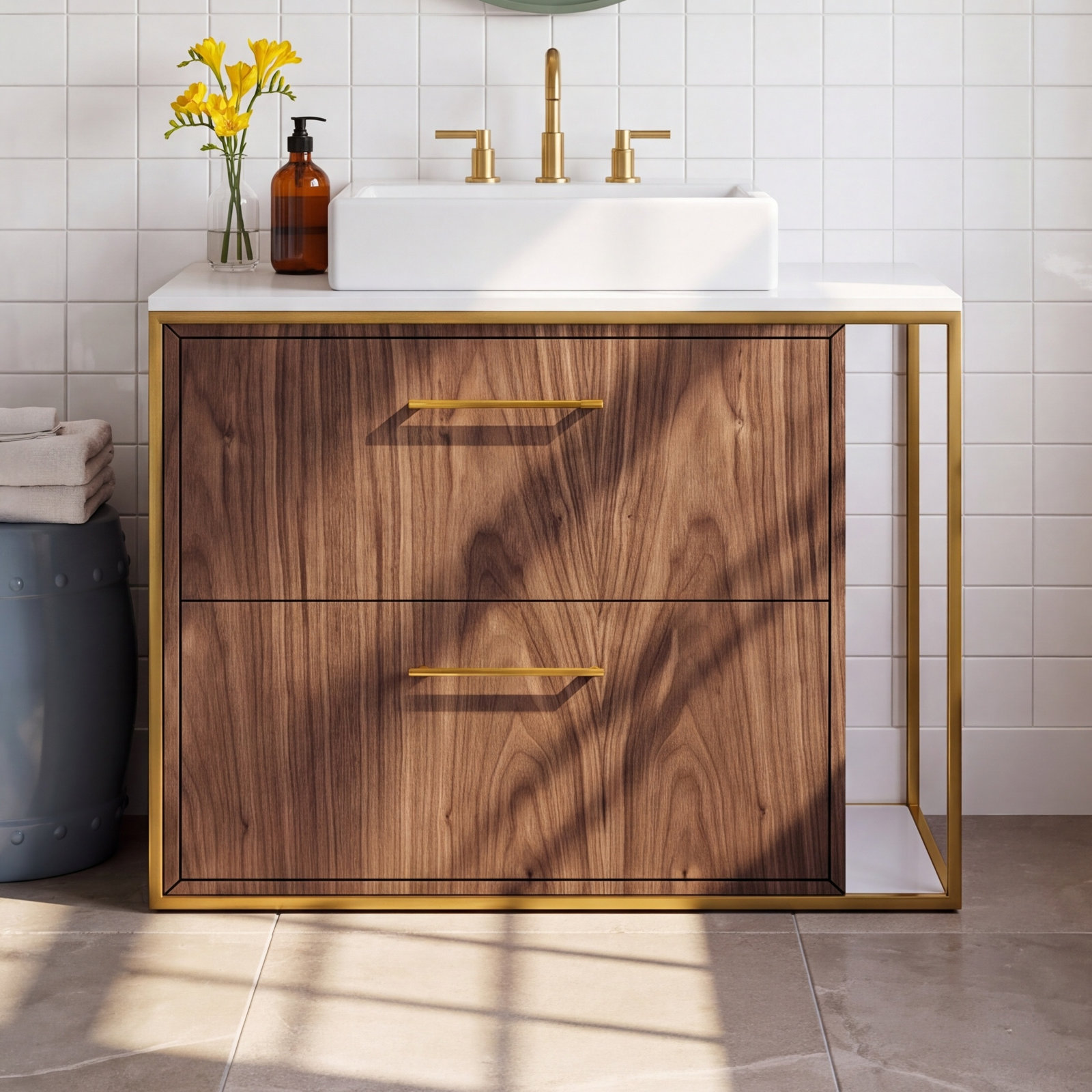 Linea 24 " Single Bathroom Vanity, Natural/Walnut, Brass, Double