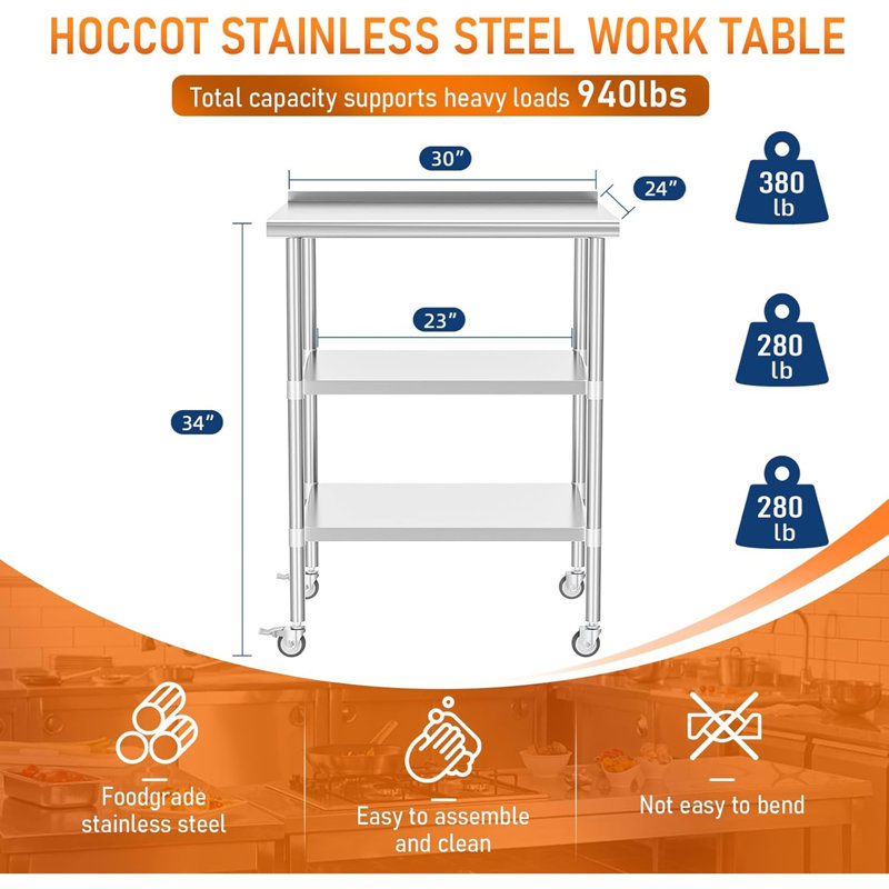 Table de travail en acier inoxydable avec 2 tablettes réglables et roulettes de dosseret pour la cuisine commerciale