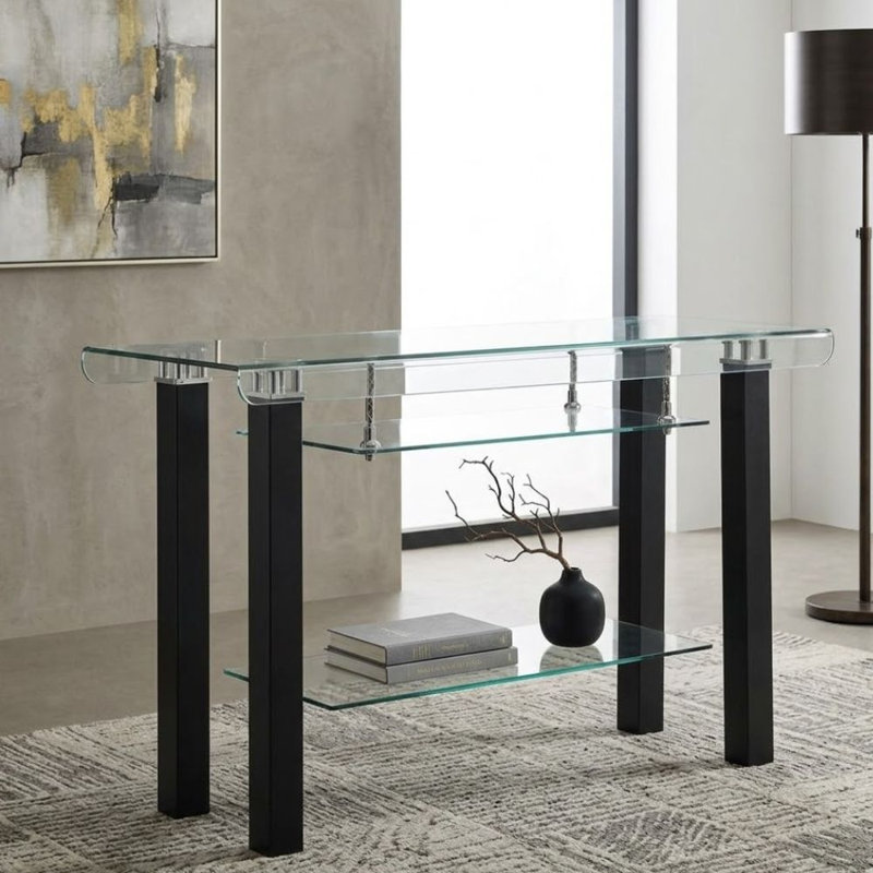 Haruko Console rectangulaire en verre noir mat avec tablette suspendue en verre
