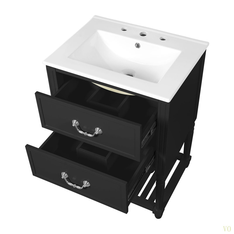 Meuble-lavabo de 24 po avec lavabo en céramique, armoire de salle de bain avec deux tiroirs à fermeture en douceur et une tablette ouverte