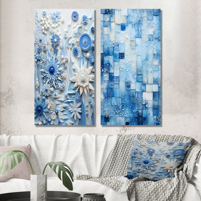 «Blue and White Botanical Tiles IV», ensemble de 2 reproductions d'art botaniques abstraites