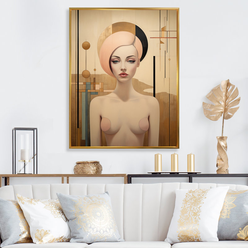 Portrait graphique de sensualité Art Nouveau, H 32 po x l 16 po x P 1 po, Cadre flottant doré