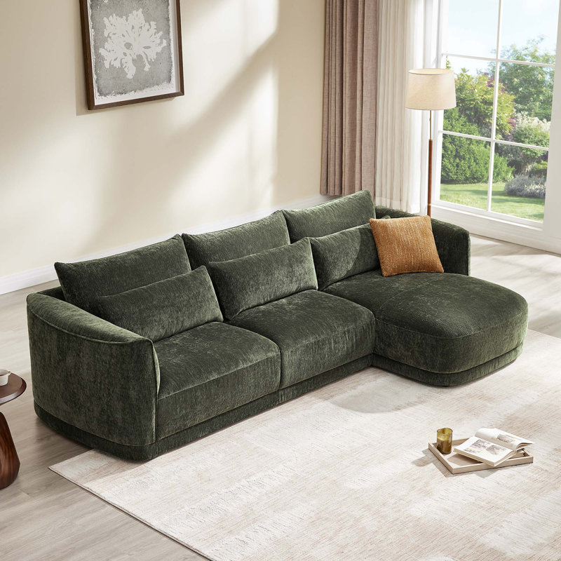 119'' Modular Curved Chenille Sofa With Chaise, Right Hand Facing, Forest Green Polyester