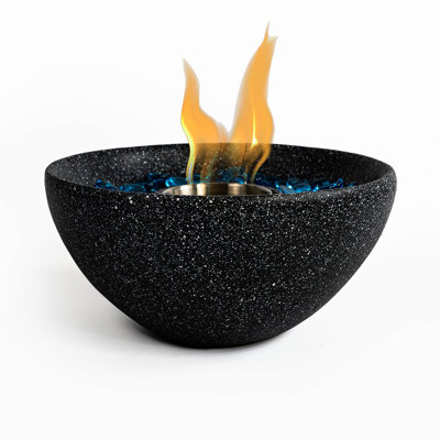 Ethanol Fire Pit Black - Portable Tabletop Fireplace With Concrete And Stainless Steel Cup Perception Bowl Inner Burn Blue Glass Beads