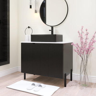 30 In. Width Freestanding Single Bathroom Vanity Set With Ceramic Vessel Sink And Carrara White Counter Top