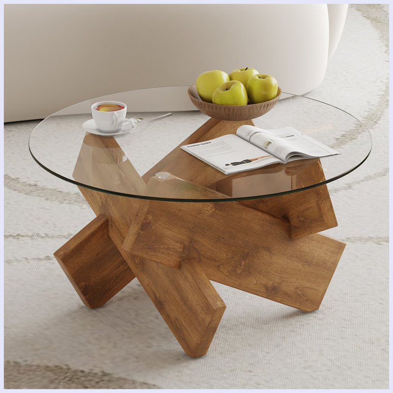 Table basse ronde en verre, table basse unique au design moderne 33,4 po. Comptoir en verre trempé avec pieds en panneau de fibres à densité moyenne à motif blanc. Convient pour les salons et les salles à manger
