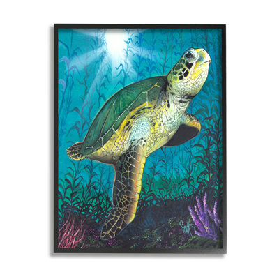 Tortue sous-marine récif encadré sur bois par Scott Westmoreland, peinture