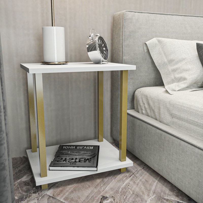 Calvester Nightstand - Modern Square End Table with Lower Shelf, Gold/White