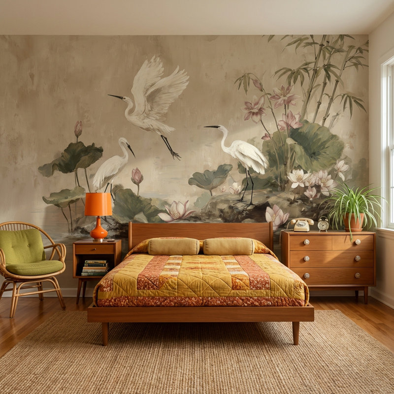 Rouleau double mural en bambou amovible Egrets, Non tissé, 140 po x 108 po