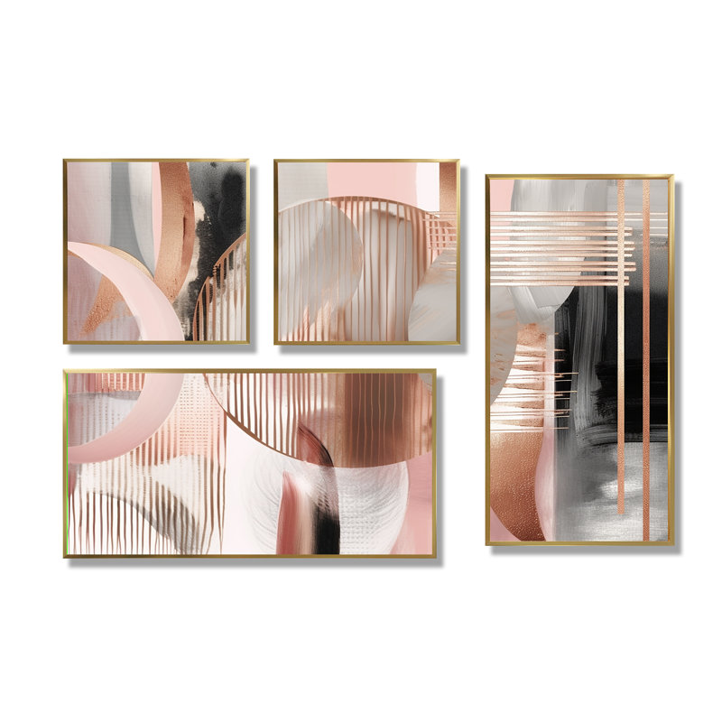 Rayures et lignes roses, art moderne IV - formes modernes abstraites, art mural transitionnel, grand, 4 pièces, Doré