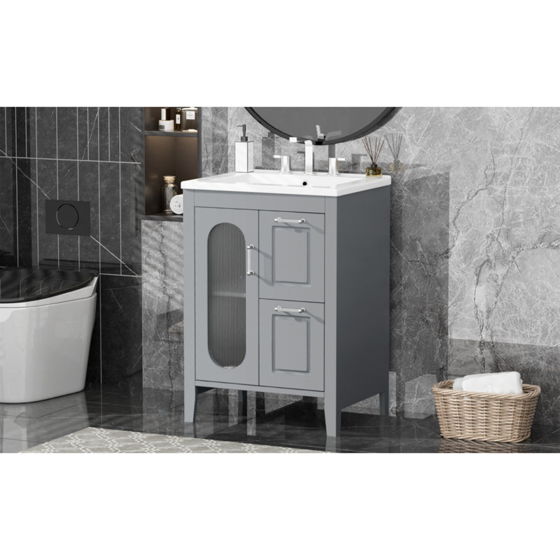 Meuble-lavabo de 24 po avec lavabo, meuble-lavabo avec deux tiroirs et porte, tablette réglable, bois massif et panneau de fibres à densité moyenne, gris (ancien numéro de référence: N725P245273E)