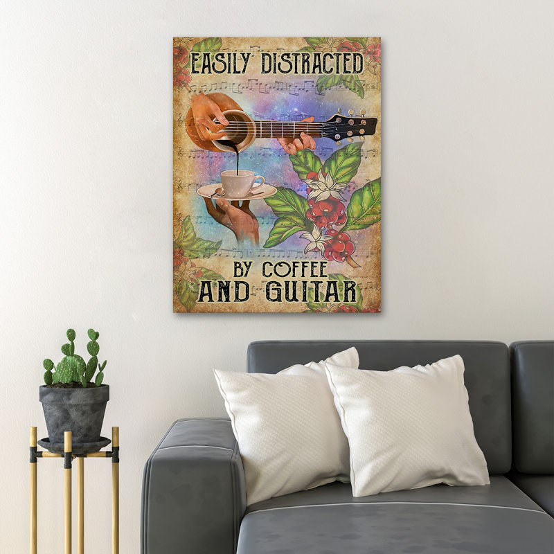 «Guitare et café avec fleurs», impression sur toile tendue, H 36 po x l 24 po x P 2 po