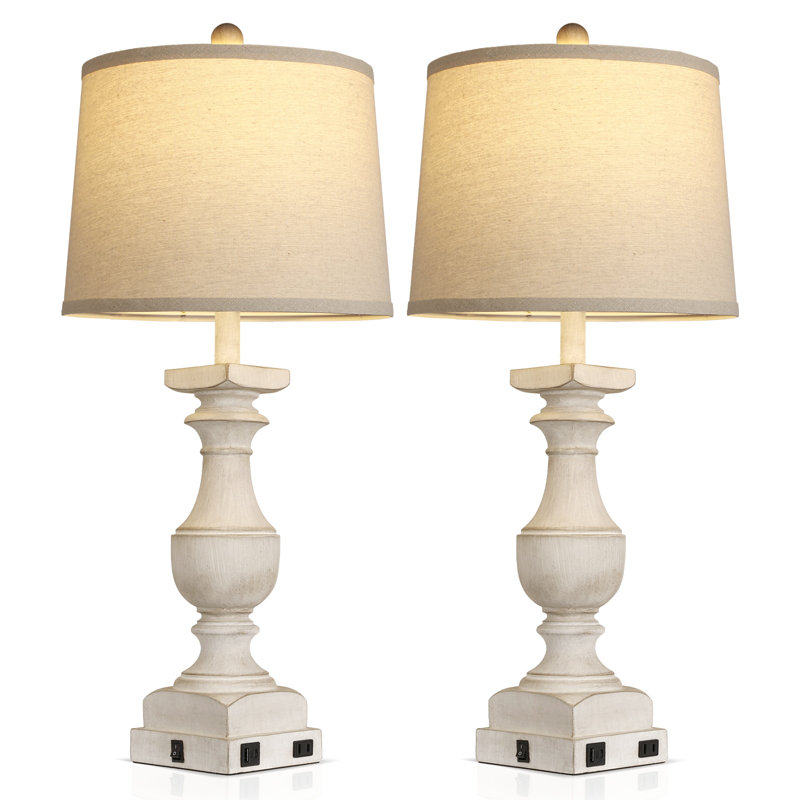 Ensemble de 2 lampes de table 28 "en blanc délavé Farmhouse avec port USB A + C pour la chambre à coucher, ampoules incluses