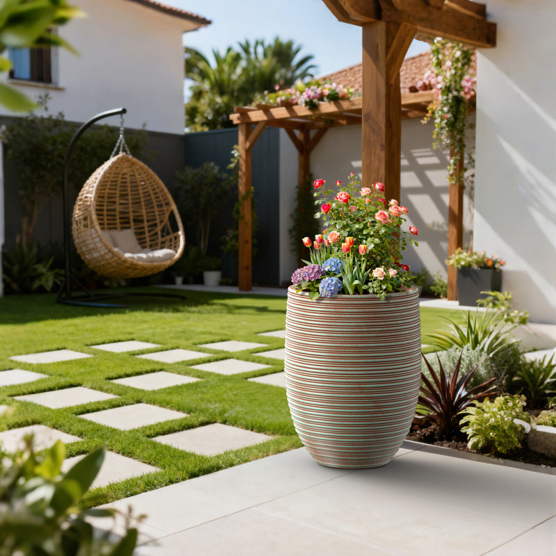 Pot à fleurs rond en béton de 17 po sarcelle (intérieur amélioré) avec trou de drainage pour l'intérieur et l'extérieur