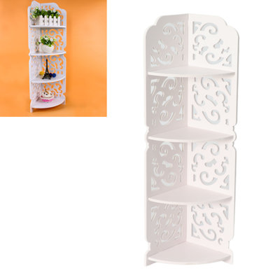 White Hollow Carved 4 Tier Corner Shelf Bookcase Display Cosmetic Storage Bathroom Shelving