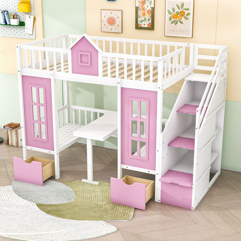 Anecia Convertible Bunk Bed With Desk And Storage Drawers,Shelves, Twin Over Twin, Pink