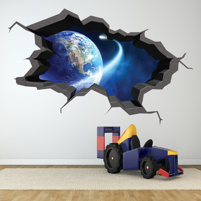 Adhésif mural terre, murale 3D, autocollant mural brisé, autocollant mural planète, décoration de pièce d'espace, autocollant mural en vinyle, décalque galaxie amovible (petit 28 po x 17 po)