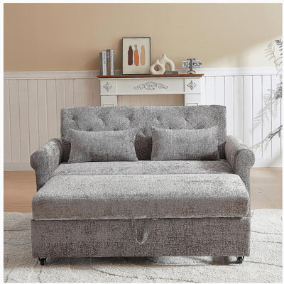 Canapé-lit de 58,27 pouces 3 en 1 - Canapé-lit coulissant en tissu chenille - Structure de dossier pleine grandeur, structure de siège, accoudoirs et 2 coussins - Canapé-lit fonctionnel pour le salon - Tissu gris clair