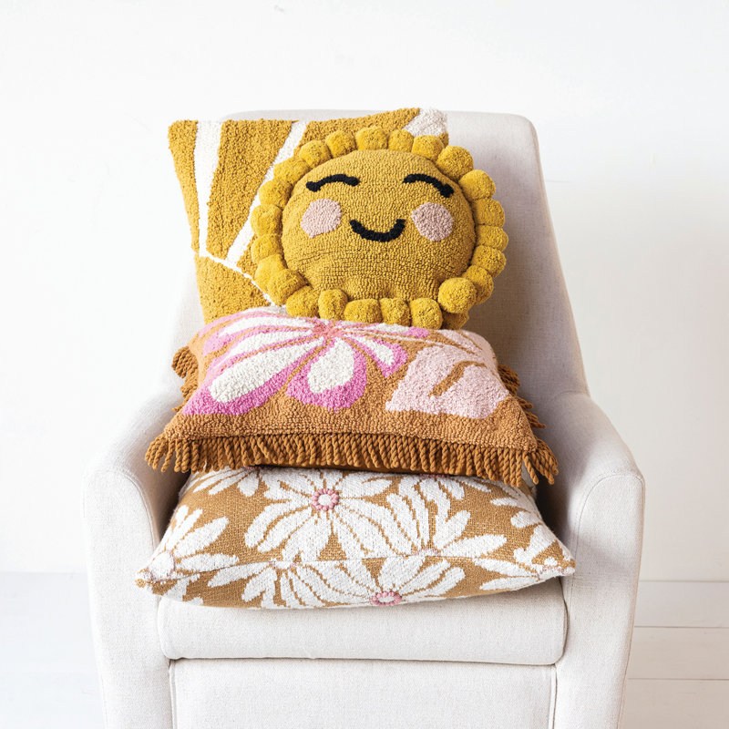 Mustard Cotton Knit Pillow with Pink Flower Appliques, 20" Square