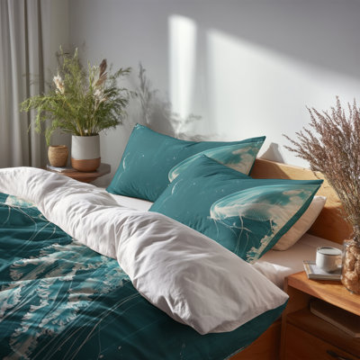 Jellyfish in Deep Teal Bedding Set of 3 - Coastal Duvet Cover
