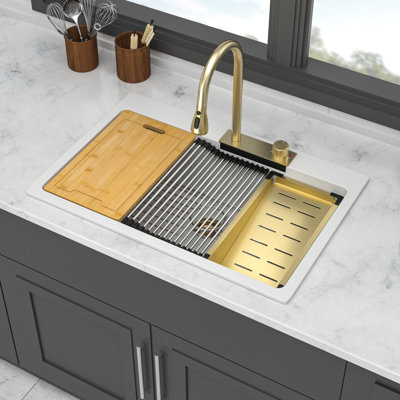 Drop In Waterfall Kitchen Sink - 33" X 22" X 10" White Granite Quartz Single Bowl Workstation Kitchen Sink With Pull-Down Faucet