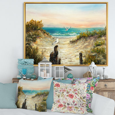 Dunes de l'océan pendant un coucher de soleil rose - peinture sur toile