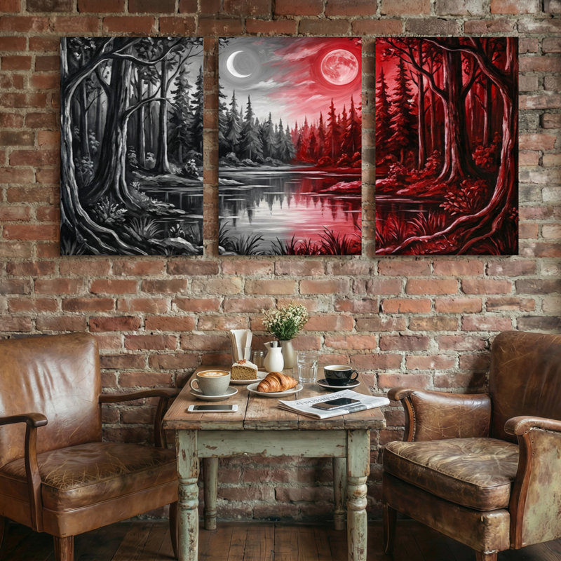 Paysage, nature, forêt, rivière de lune, rouge, noir, blanc, arbres, reflet, H 30 po x l 60 po