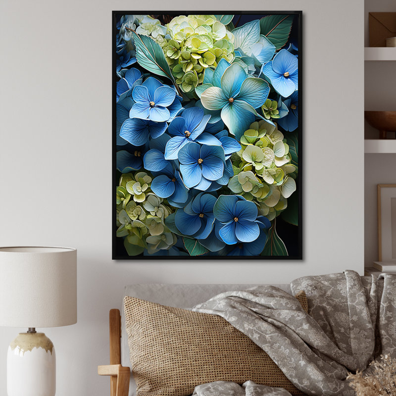 Fleurs d'hortensias méticuleusement rendues, H 32 po x l 24 po x P 1 po, Cadre flottant noir