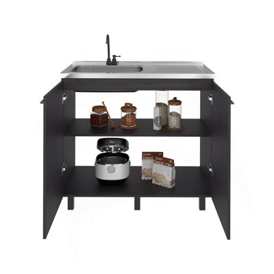 Armoire utilitaire autoportante Alatna avec comptoir en acier inoxydable, 2 portes et robinet inclus, wengé noir