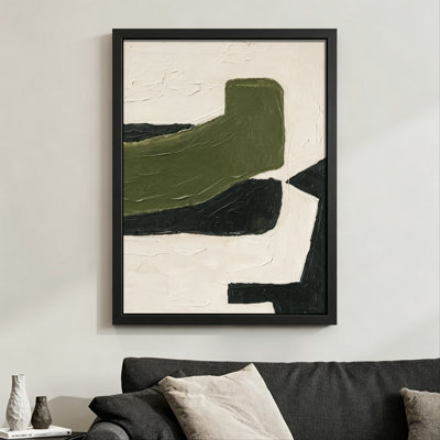 Green and Black Abstract Forms on a Textured White Background, Expressionist Style, 24" x 36" Black Framed Canvas Wall Art