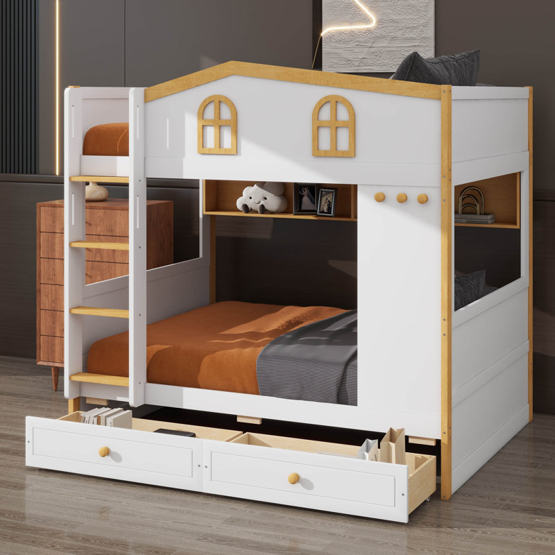 Lit superposé de style maisonnette avec tiroirs, lit superposé en bois avec supports de rangement intégrés et échelle pour jouer